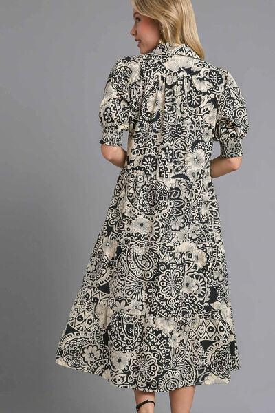 Umgee Full Size Printed Smocked Cuff Puff Sleeve Midi Dress Plus Size - Clothes For Her Online Store