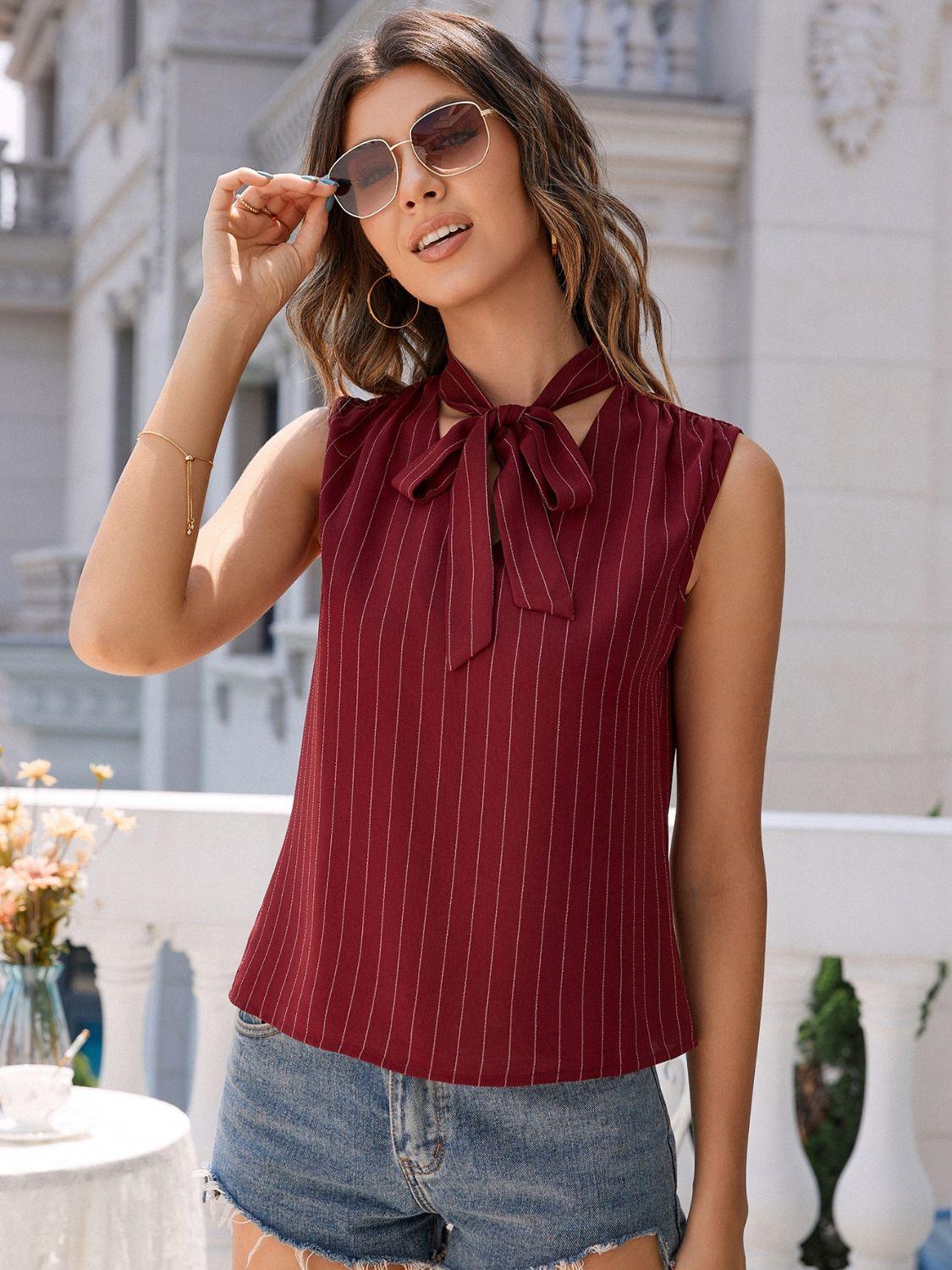 Striped Tie Neck Tank - Clothes For Her Online Store