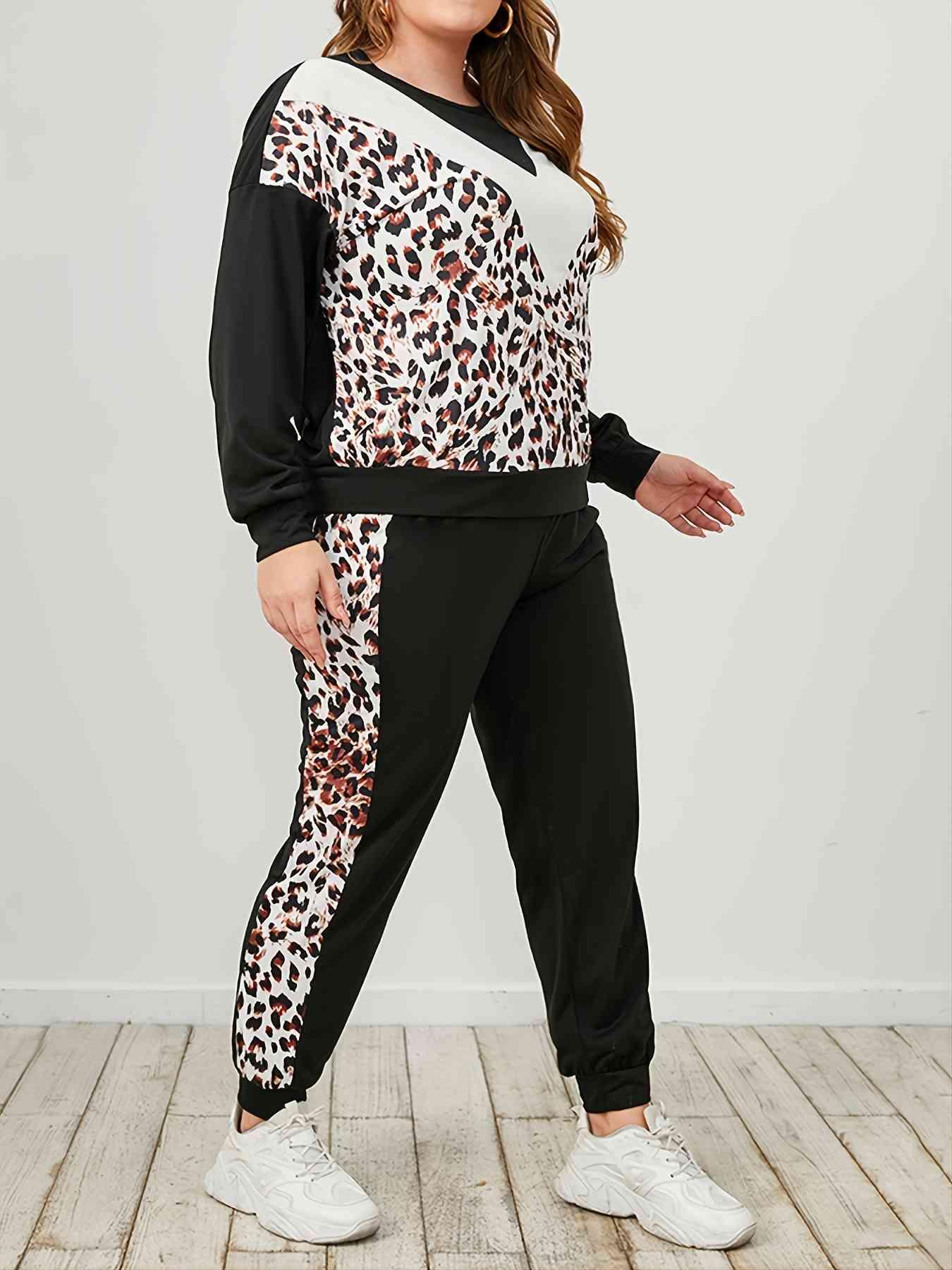 Plus Size Leopard Sweatshirt and Sweatpants Set - Clothes For Her Online Store