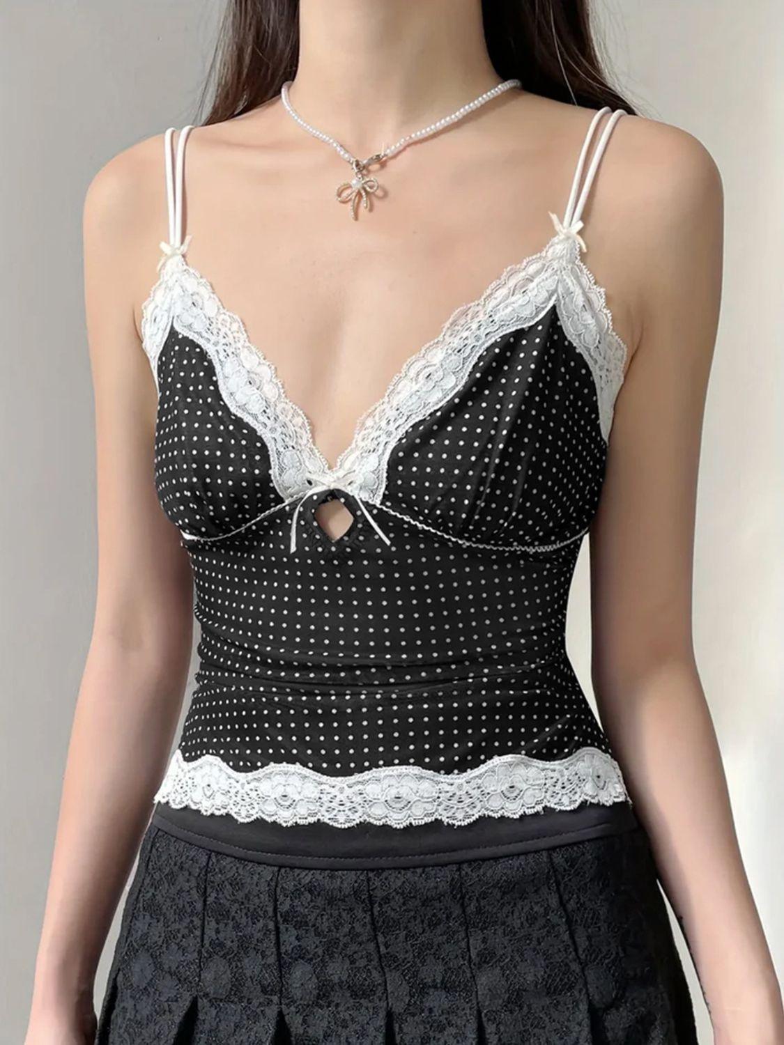 Devine Lace Detail Polka Dot V-Neck Cami - Clothes For Her Online Store