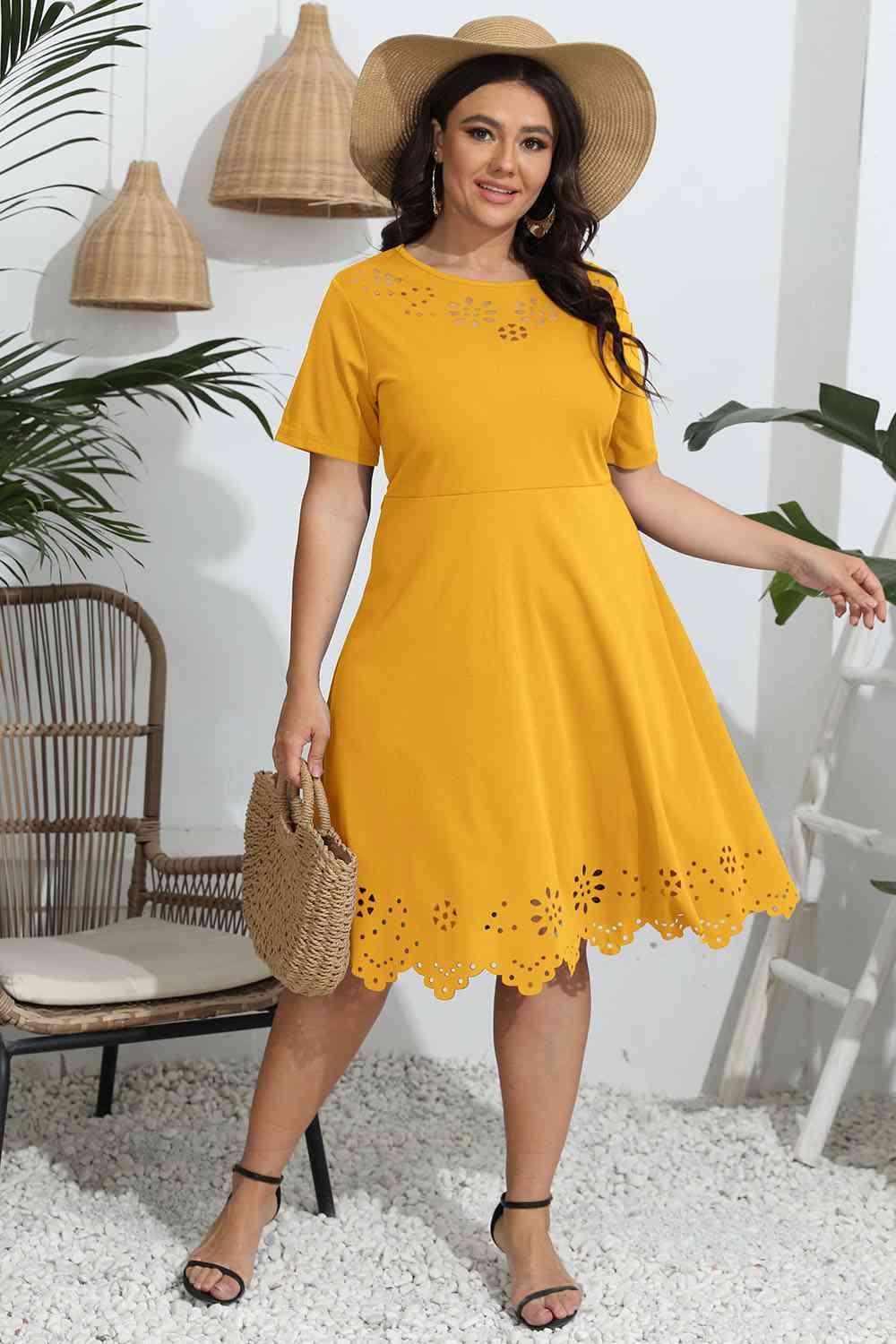 Plus Size Round Neck Openwork Dress - Clothes For Her Online Store
