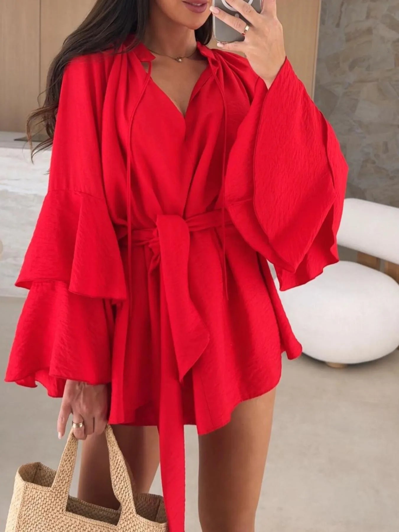 Bell Sleeve Tie Waist Mini Shirt Dress