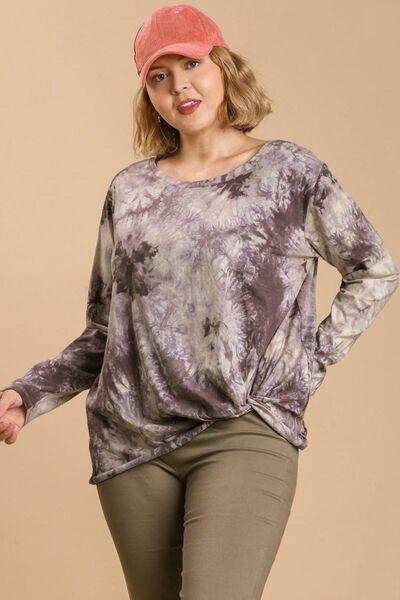 Umgee Full Size Tie Dye Front Gathered Detail Round Neck Long Sleeve T-Shirt Plus Size - Clothes For Her Online Store