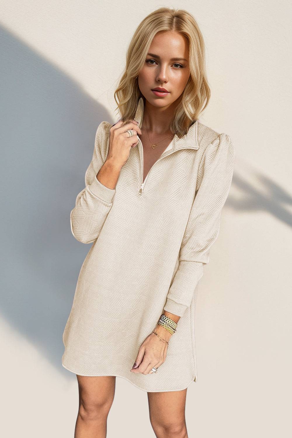 Double Take Textured Quarter Zip Long Sleeve Dress - Clothes For Her Online Store