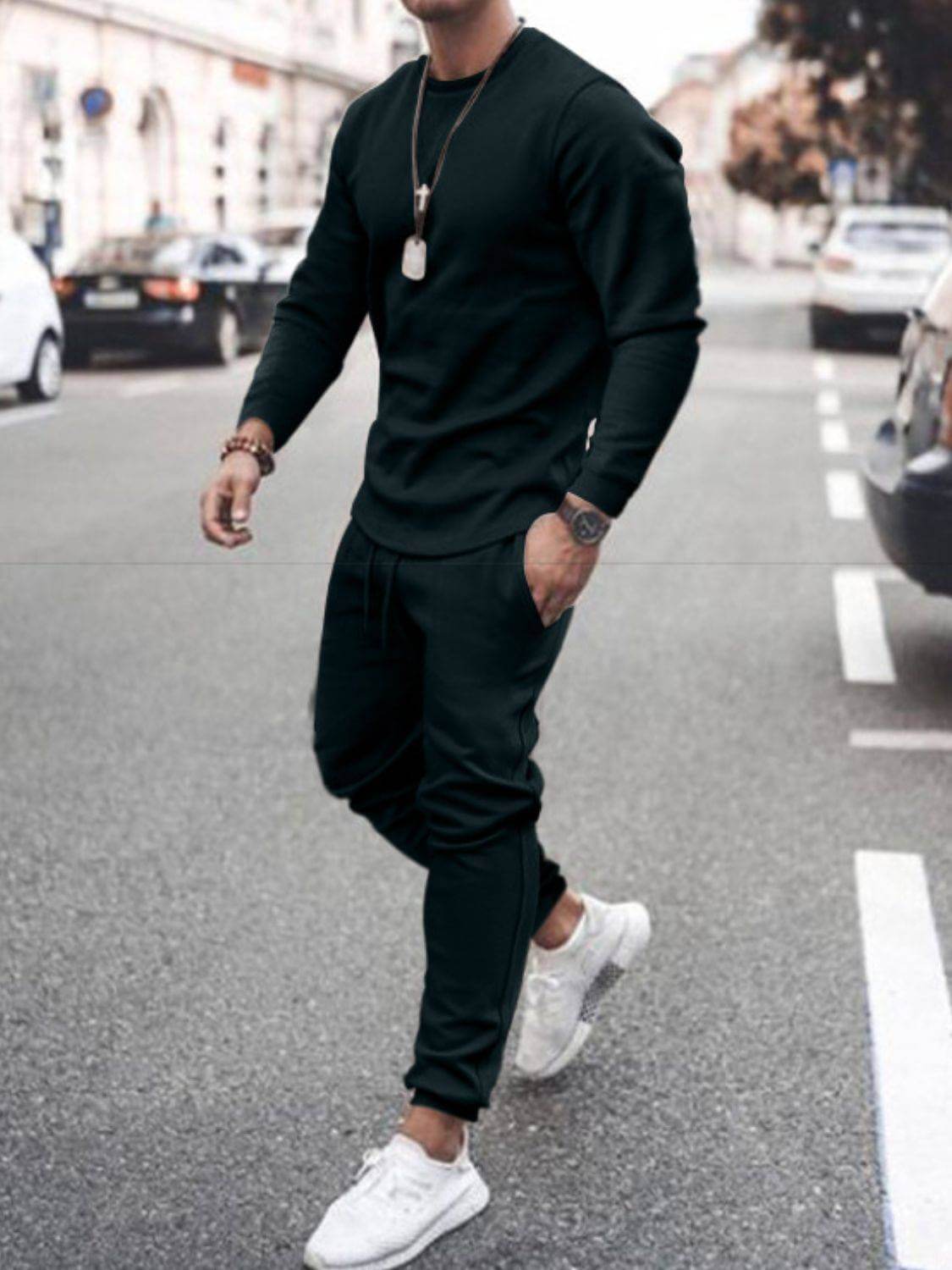 Men's Full Size Round Neck Long Sleeve Top and Pants Set Plus Size