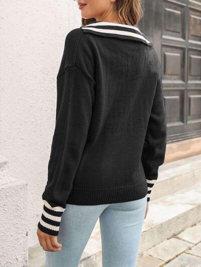 Striped Trim Drop Shoulder Sweater - Clothes For Her Online Store