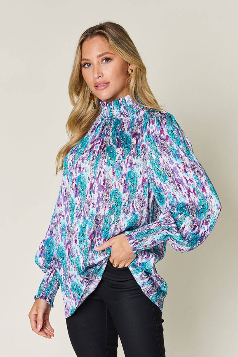 Double Take Full Size Printed Smocked Long Sleeve Blouse - Clothes For Her Online Store