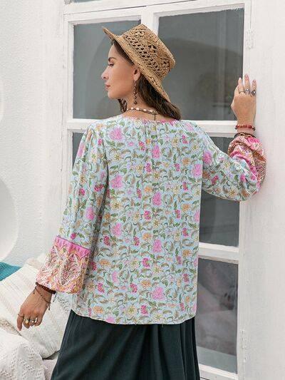 Plus Size Tie Neck Tassel Printed Blouse - Clothes For Her Online Store