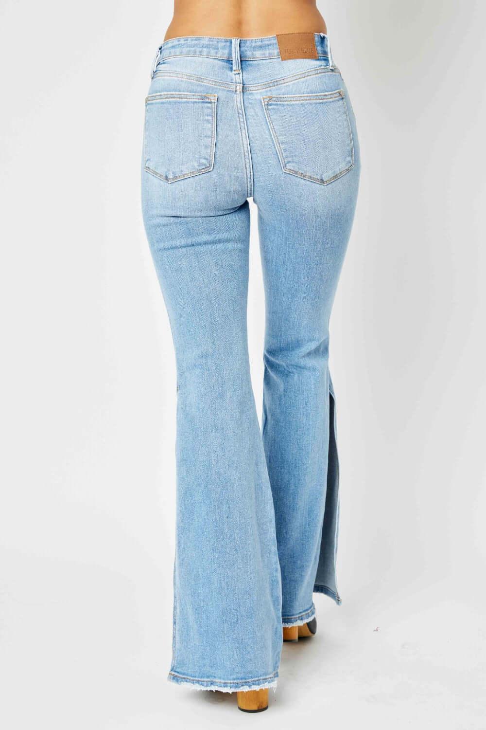 Judy Blue Full Size Mid Rise Raw Hem Slit Flare Jeans - Clothes For Her Online Store