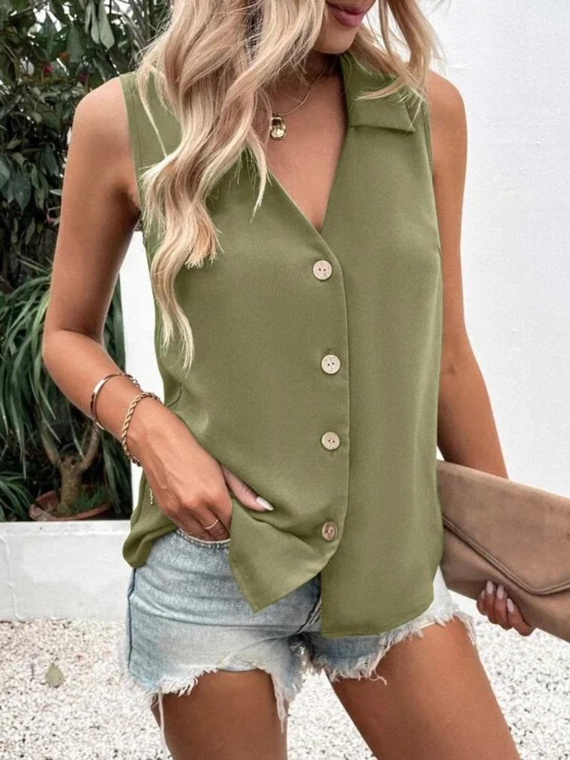 Johnny Collared Button Up Sleeveless Top - Clothes For Her Online Store