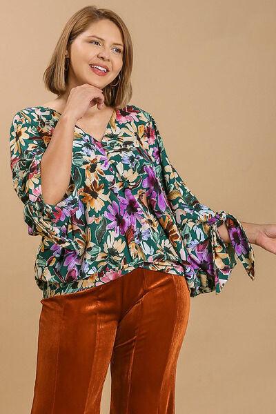 Umgee Full Size Floral V-Neck Tie Sleeve Blouse Plus Size - Clothes For Her Online Store