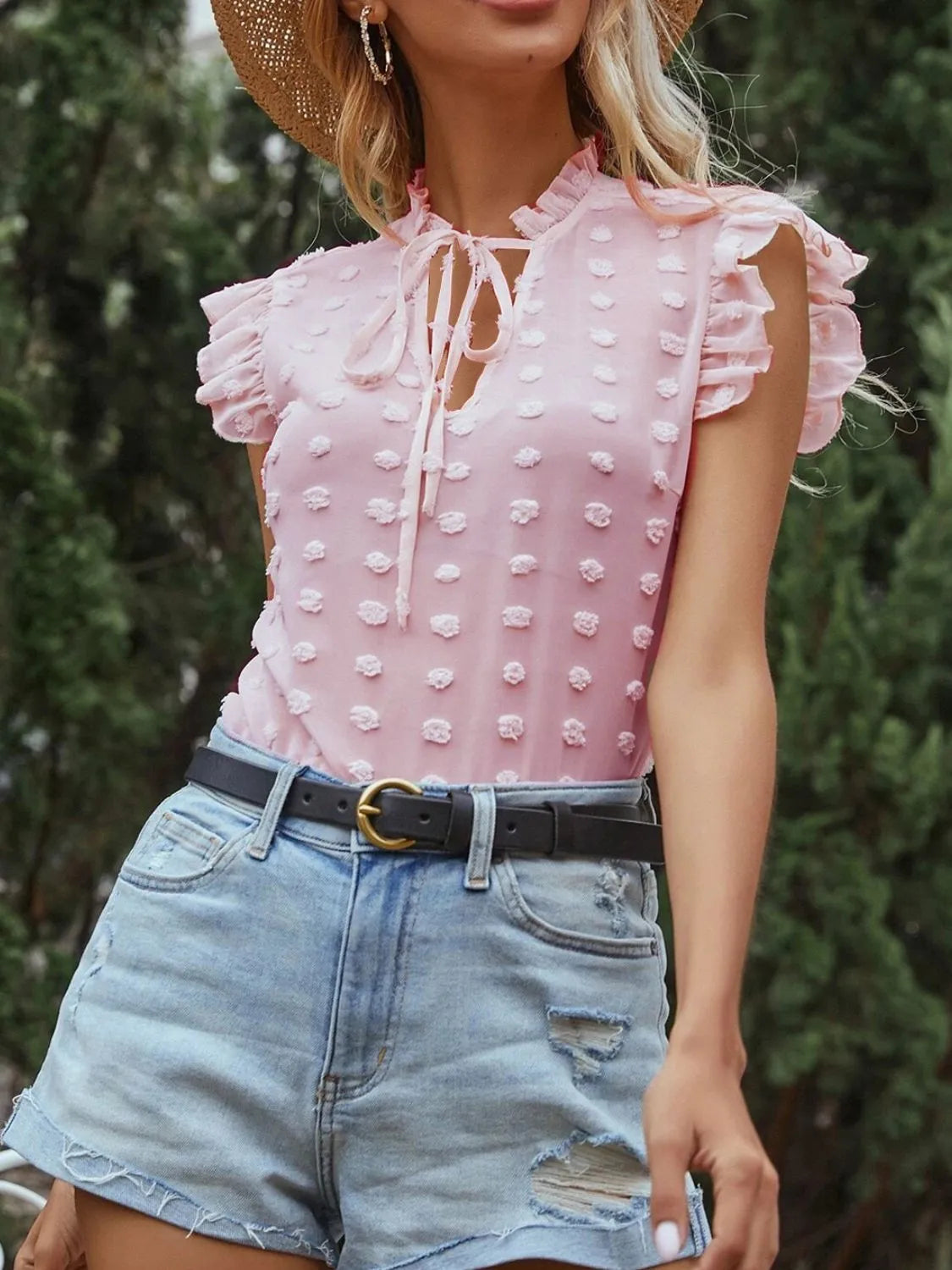 Frill Tie Neck Cap Sleeve Blouse