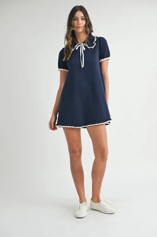 MABLE Ruffle Trimmed Collar Fine Knit Mini Dress