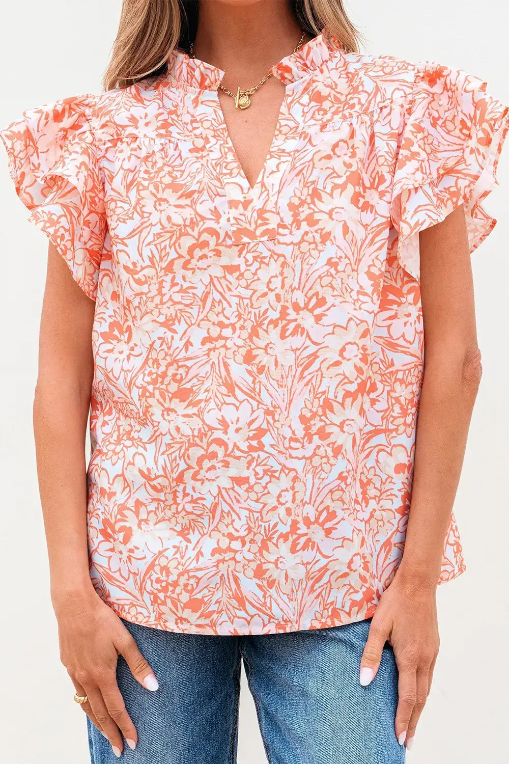 Floral Ruffle Sleeve Split Neck Blouse