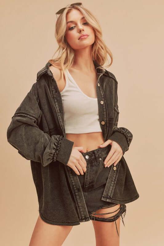 Aemi + Co Acid Washed Exposed Seam Button Up Jacket - Clothes For Her Online Store