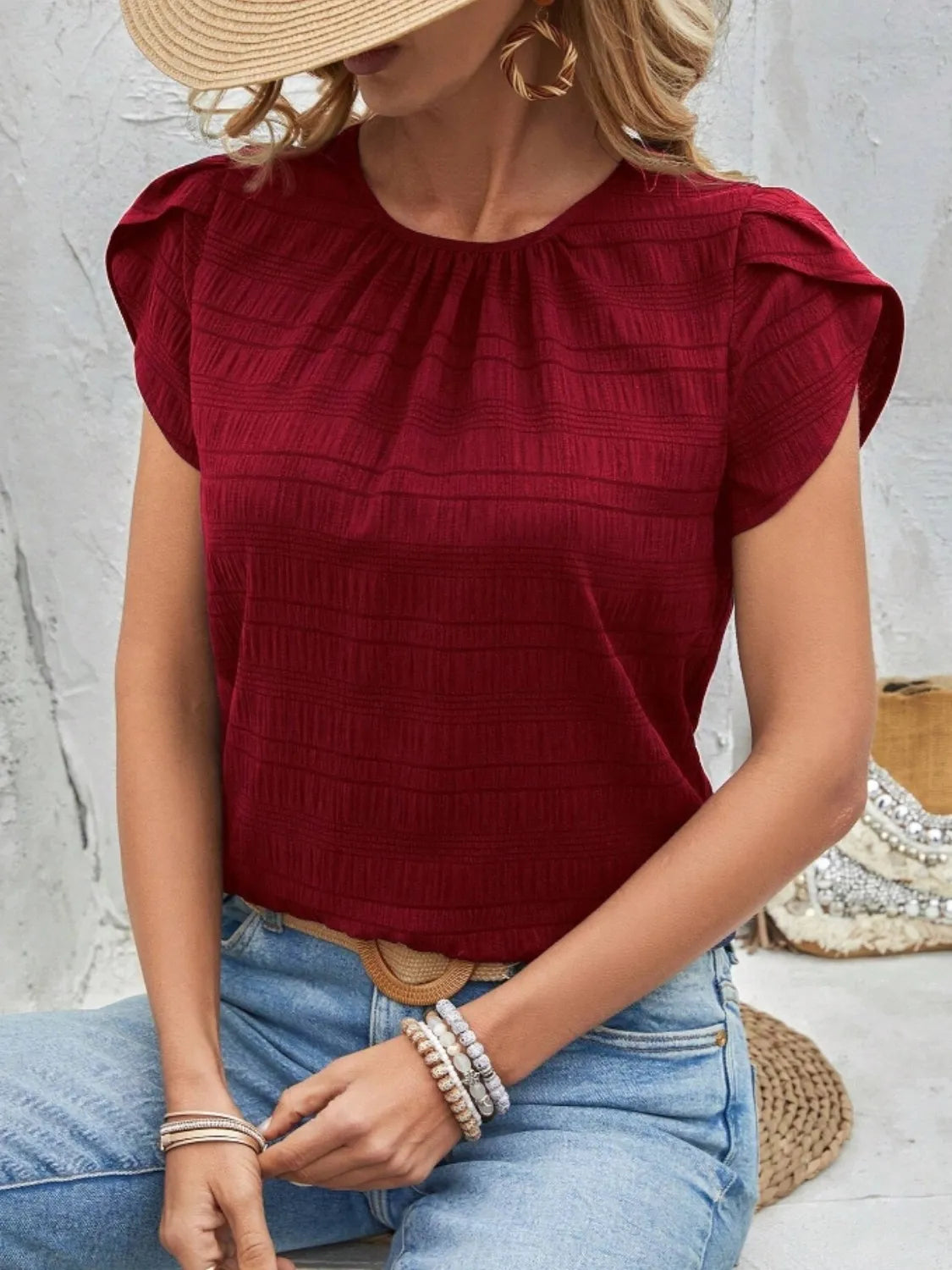 Round Neck Petal Sleeve Top