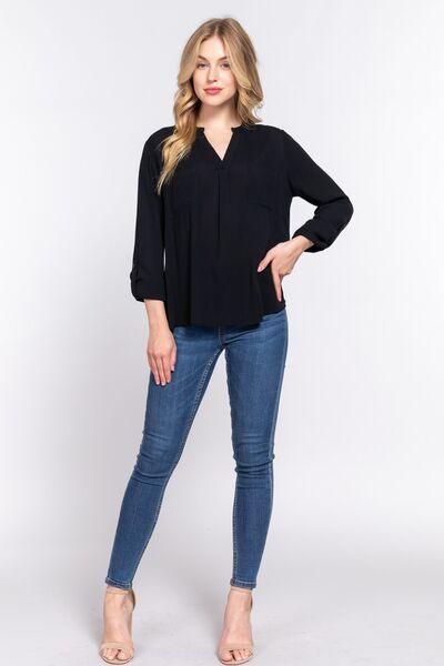 ACTIVE BASIC Full Size Notched Long Sleeve Woven Top - Clothes For Her Online Store