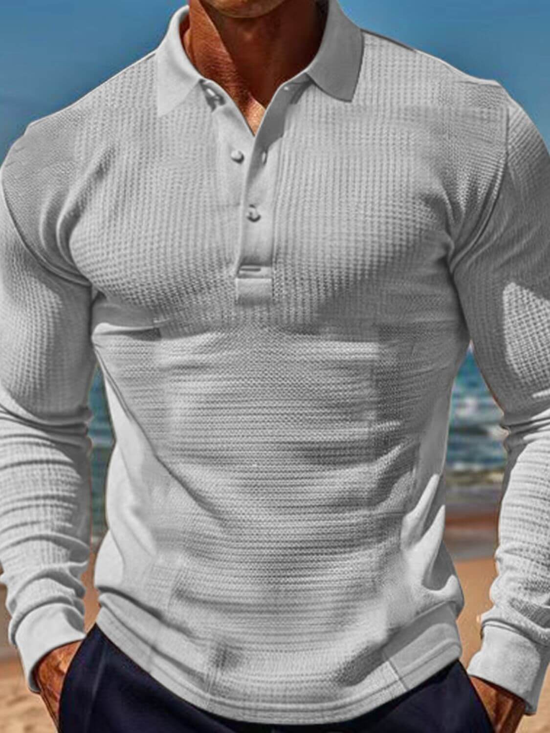 Men's Full Size Waffle-Knit Quarter Button Polo Plus Size