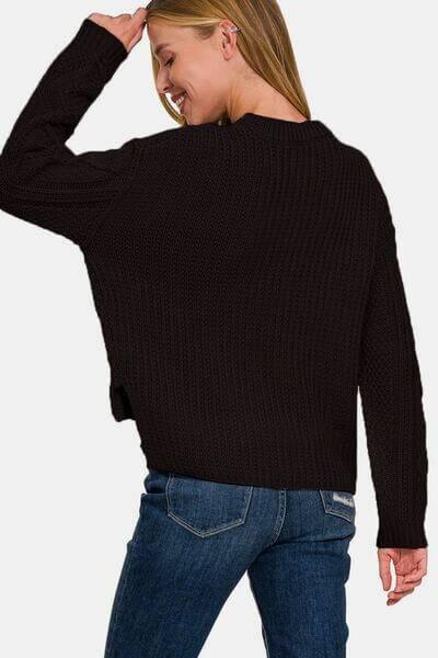 Zenana Cropped High Low Cable Sweater with Side Slits - Clothes For Her Online Store