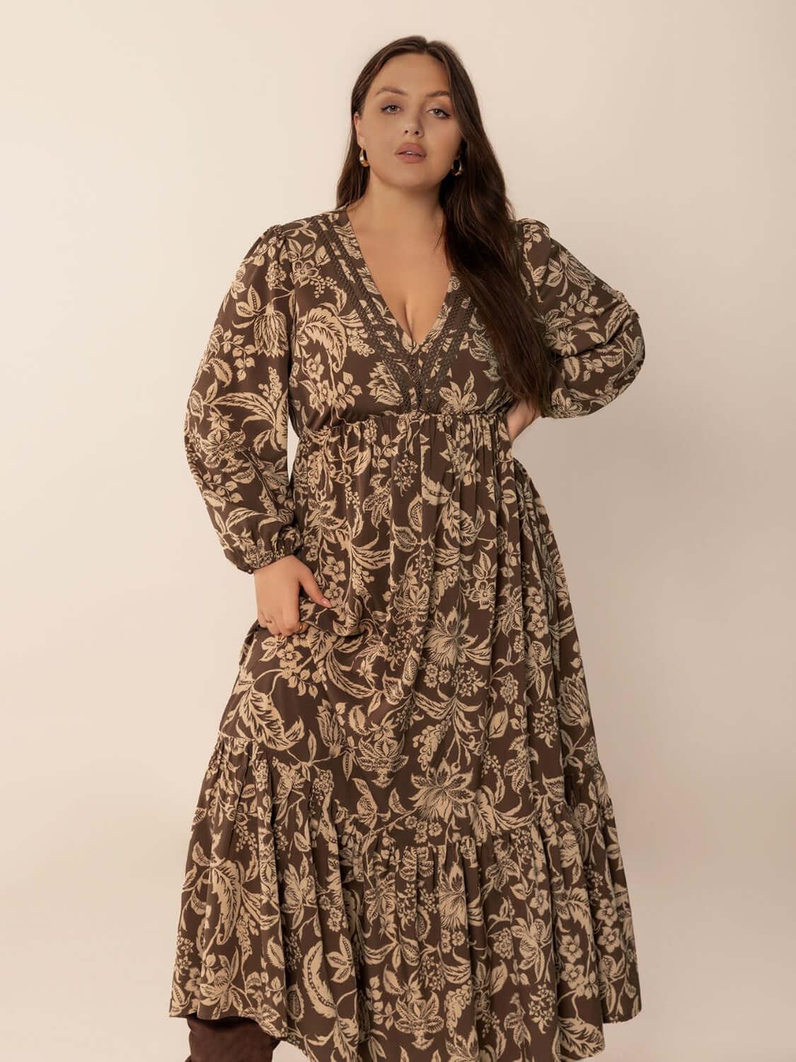 Plus Size Printed V-Neck Balloon Sleeve Maxi Dress - Clothes For Her Online Store