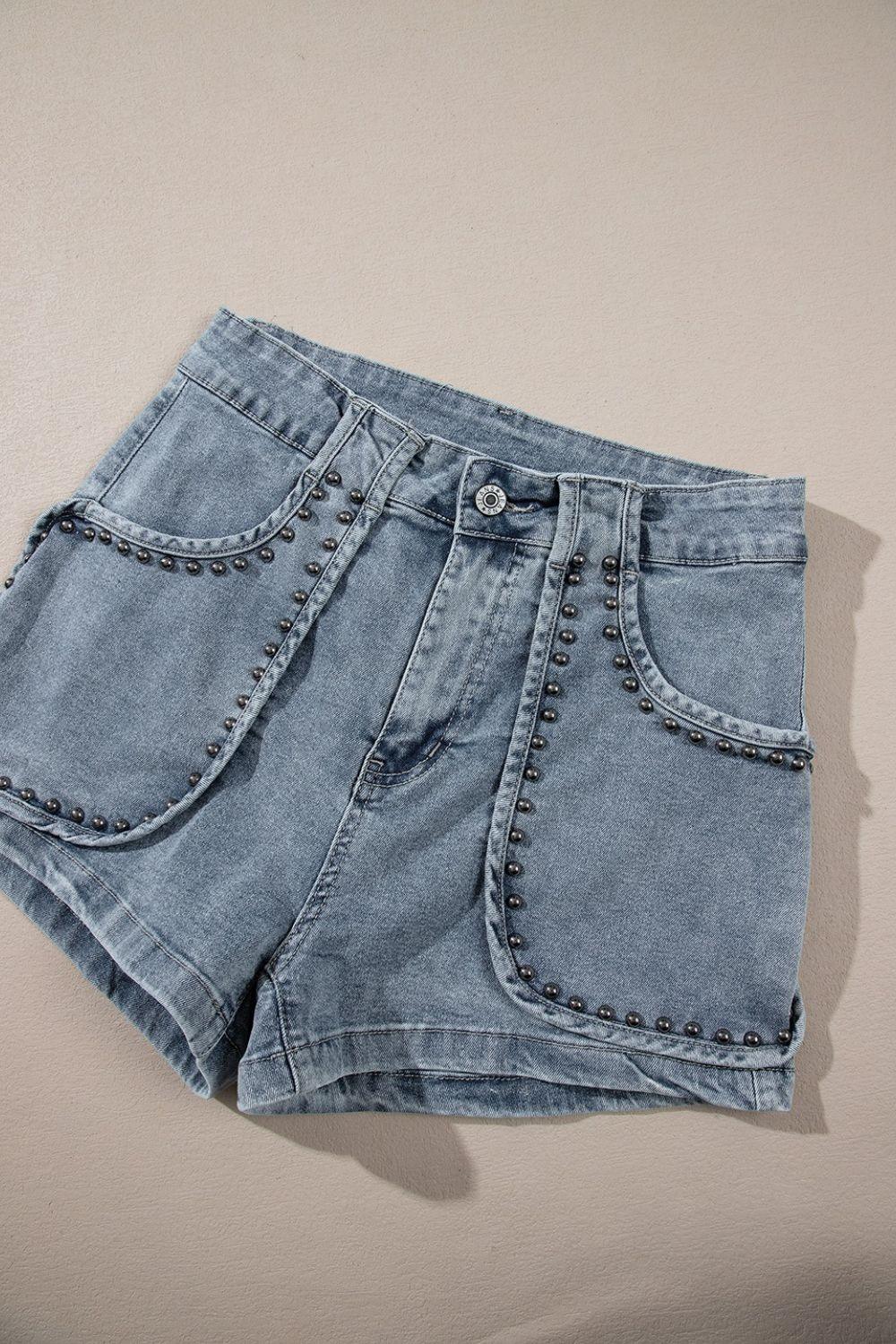 Studded Acid Wash Denim Shorts - Clothes For Her Online Store