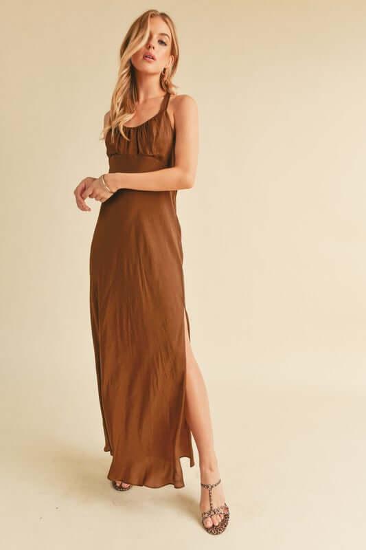 Aemi + Co Ruched Side Slit Cutout Back Maxi Cami Dress - Clothes For Her Online Store