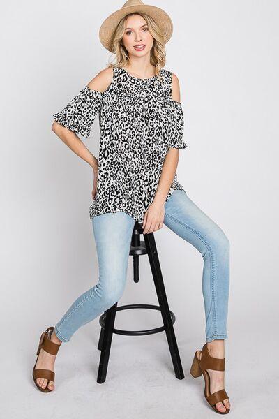 Heimish Full Size Leopard Round Neck Cold Shoulder T-Shirt Plus Size - Clothes For Her Online Store