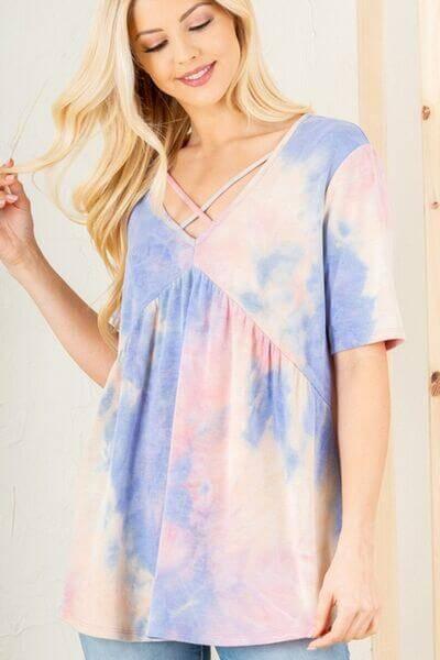 Heimish Full Size Crisscross Tie Dye Babydoll Top Plus Size - Clothes For Her Online Store