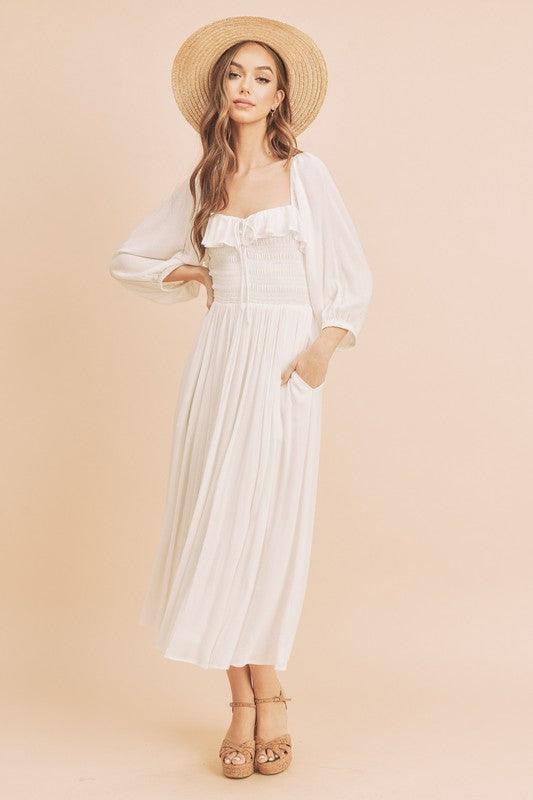 Aemi + Co Ruffled Smocked Square Neck Balloon Sleeve Dress - Clothes For Her Online Store