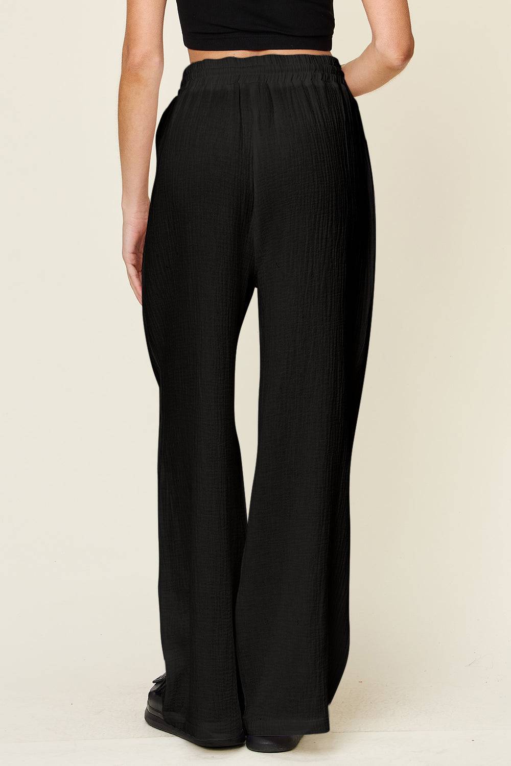 Double Take Full Size Texture Drawstring Wide Leg Pants - Clothes For Her Online Store