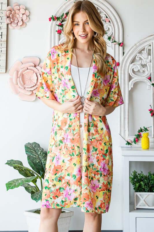Heimish Full Size Half Sleeve Multi Color Floral Open Cardigan Plus Size - Clothes For Her Online Store