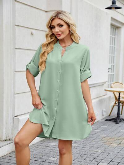 Notched Long Sleeve Mini Shirt Dress - Clothes For Her Online Store