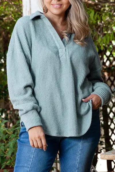 Plus Size Textured Johnny Collar Long Sleeve Sweatshirt - Clothes For Her Online Store