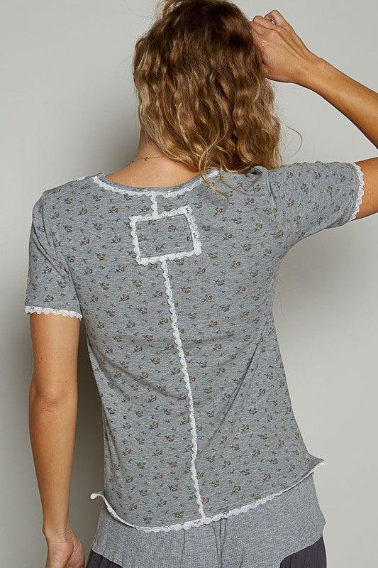 POL Lace Detail Floral V-Neck Button Detail Short Sleeve T-Shirt - Clothes For Her Online Store