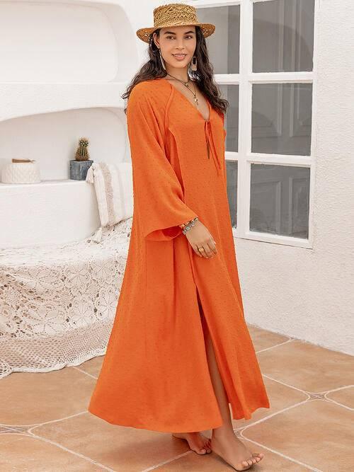 Plus Size Tie Neck Long Sleeve Slit Dress - Clothes For Her Online Store