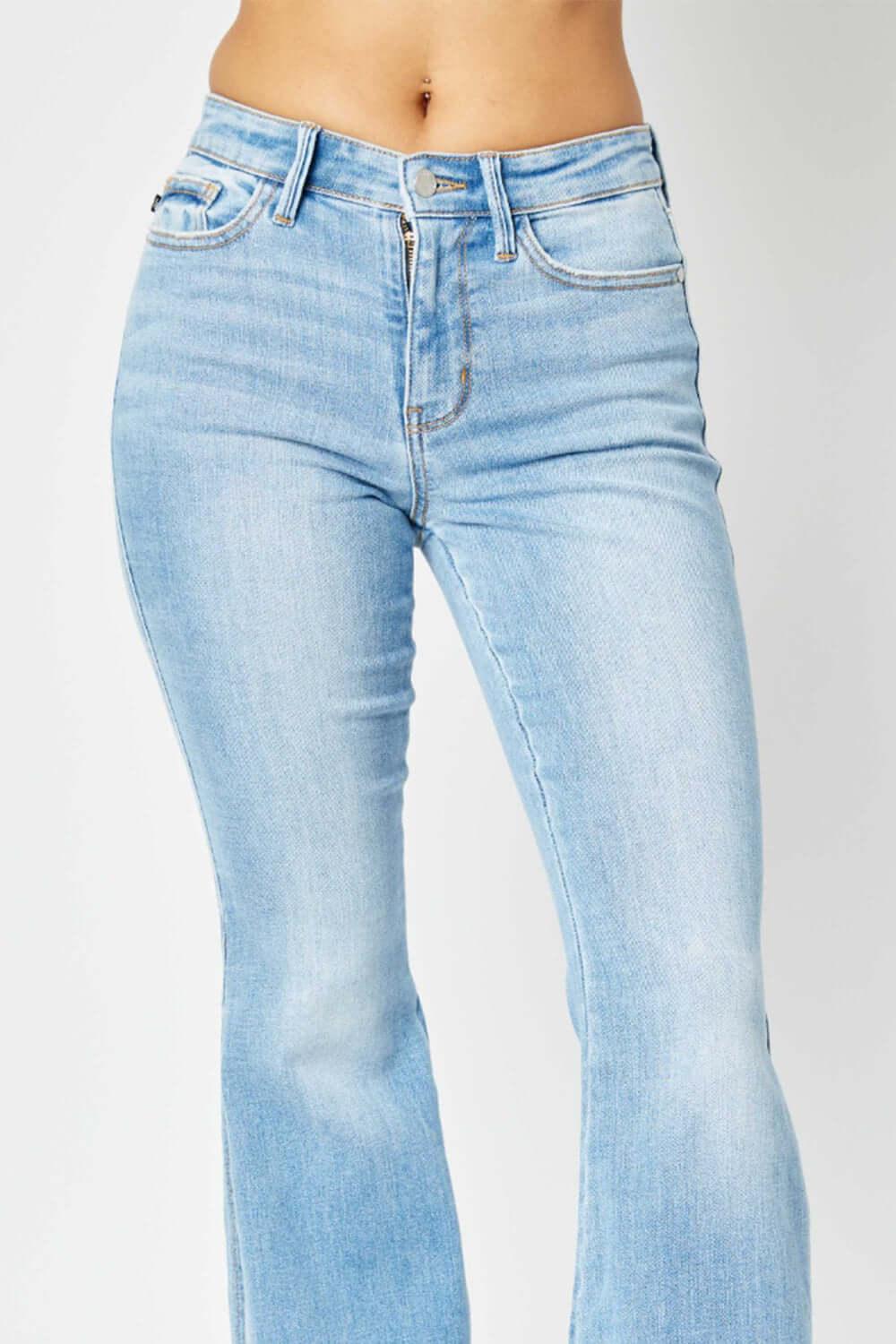 Judy Blue Full Size Mid Rise Raw Hem Slit Flare Jeans - Clothes For Her Online Store