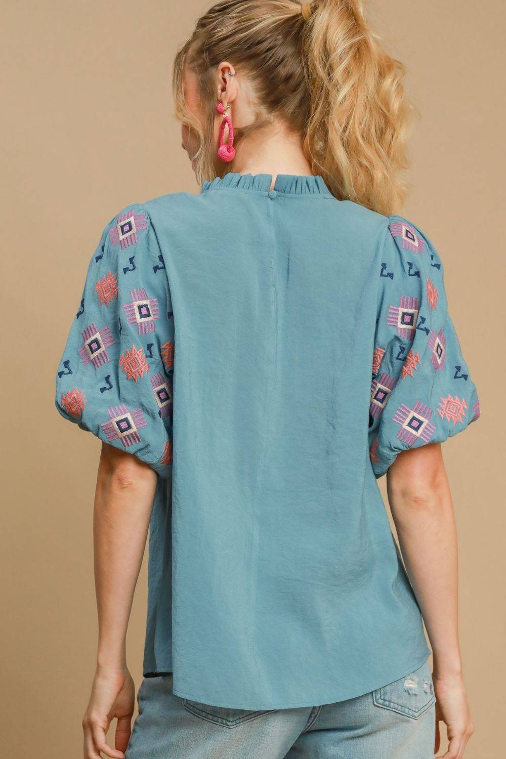 Umgee Full Size Embroidered Puff Sleeve Mock Neck Top Plus Size - Clothes For Her Online Store