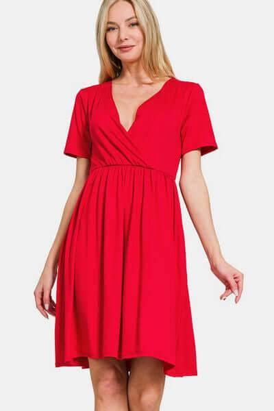 Zenana Surplice Short Sleeve Brushed DTY Dress - Clothes For Her Online Store