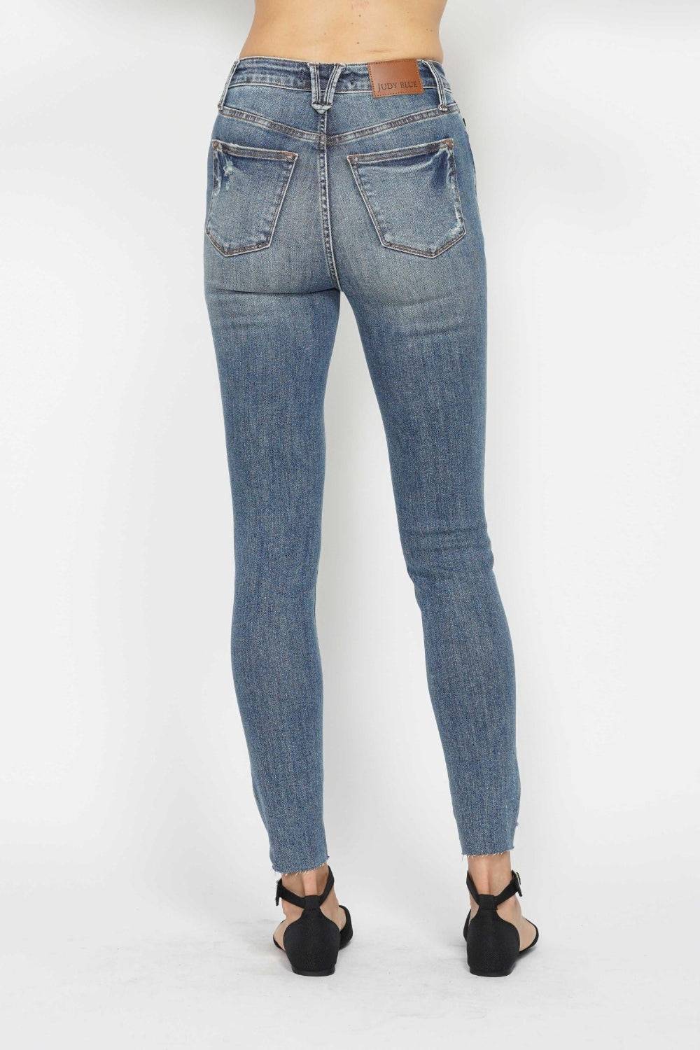 Judy Blue Full Size Tummy Control Vintage Wash Hem Destroy Skinny Jeans - Clothes For Her Online Store