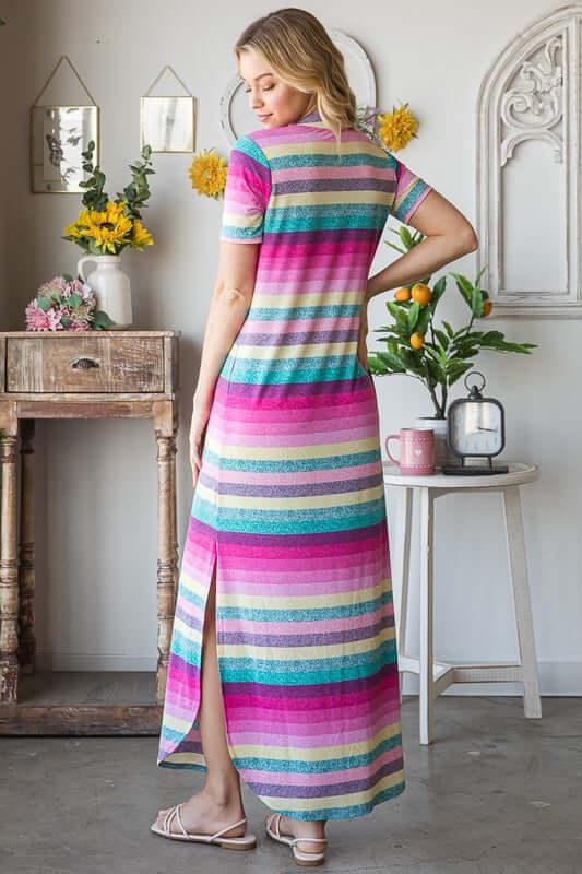 Heimish Full Size Striped Short Sleeve Maxi Tee Dress Plus Size - Clothes For Her Online Store