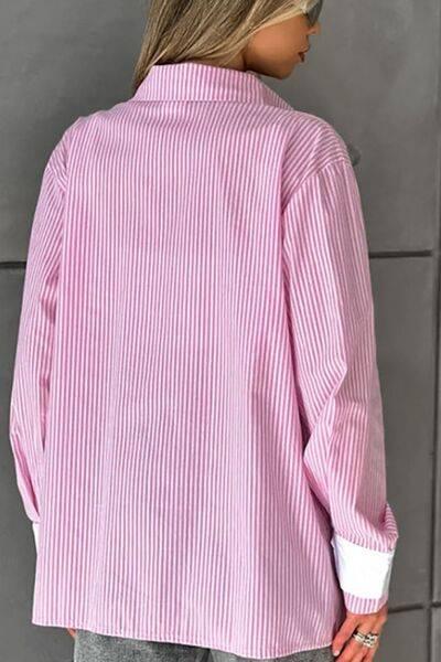 Striped Collared Neck Long Sleeve Shirt - Clothes For Her Online Store