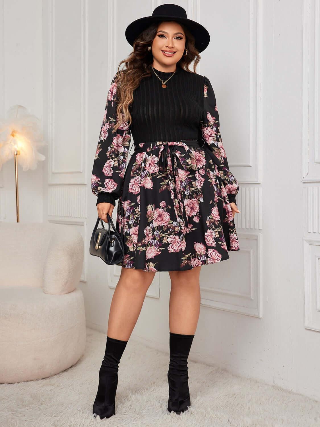 Plus Size Tied Printed Long Sleeve Dress - Clothes For Her Online Store
