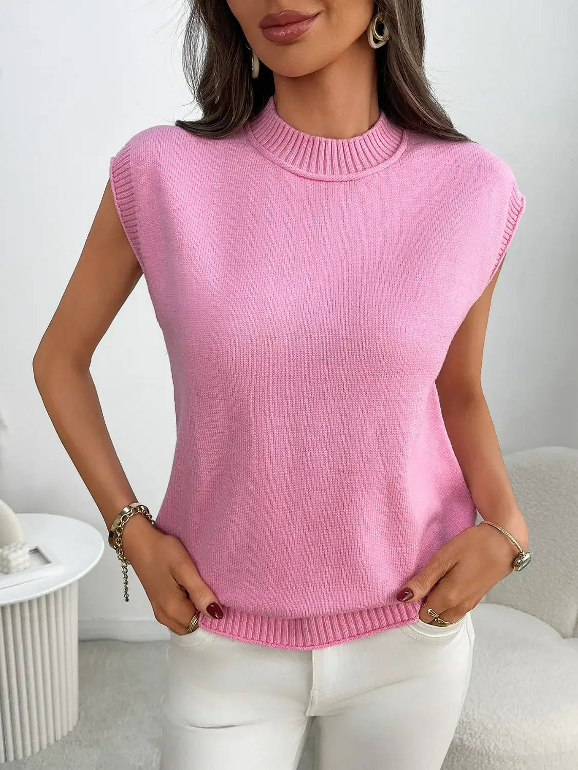 Mock Neck Cap Sleeve Knit Top