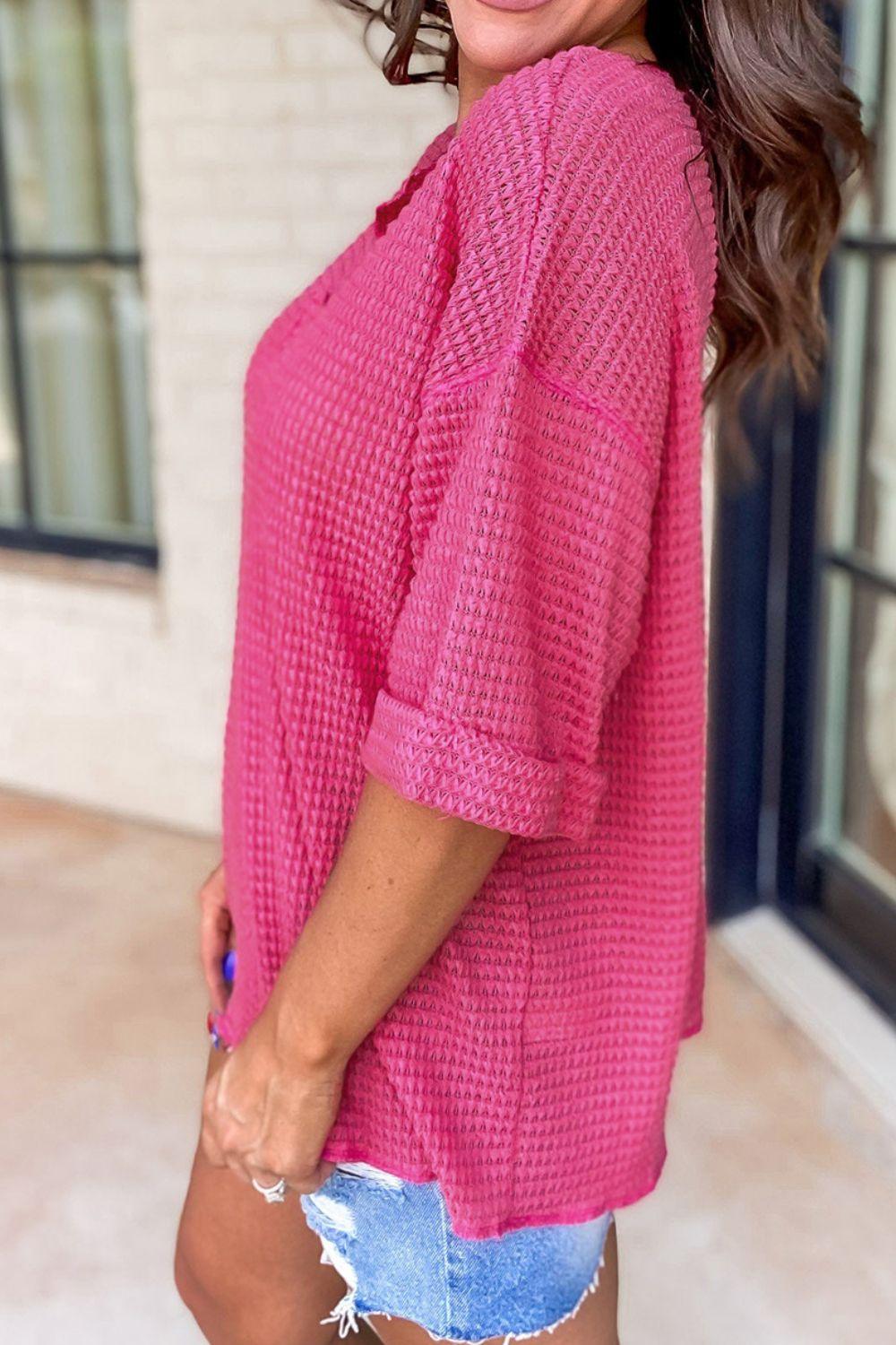 Textured Cuffed Short Sleeve Top - Clothes For Her Online Store