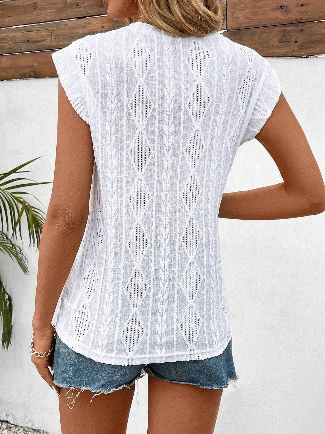 Eyelet Round Neck Cap Sleeve Top - Clothes For Her Online Store