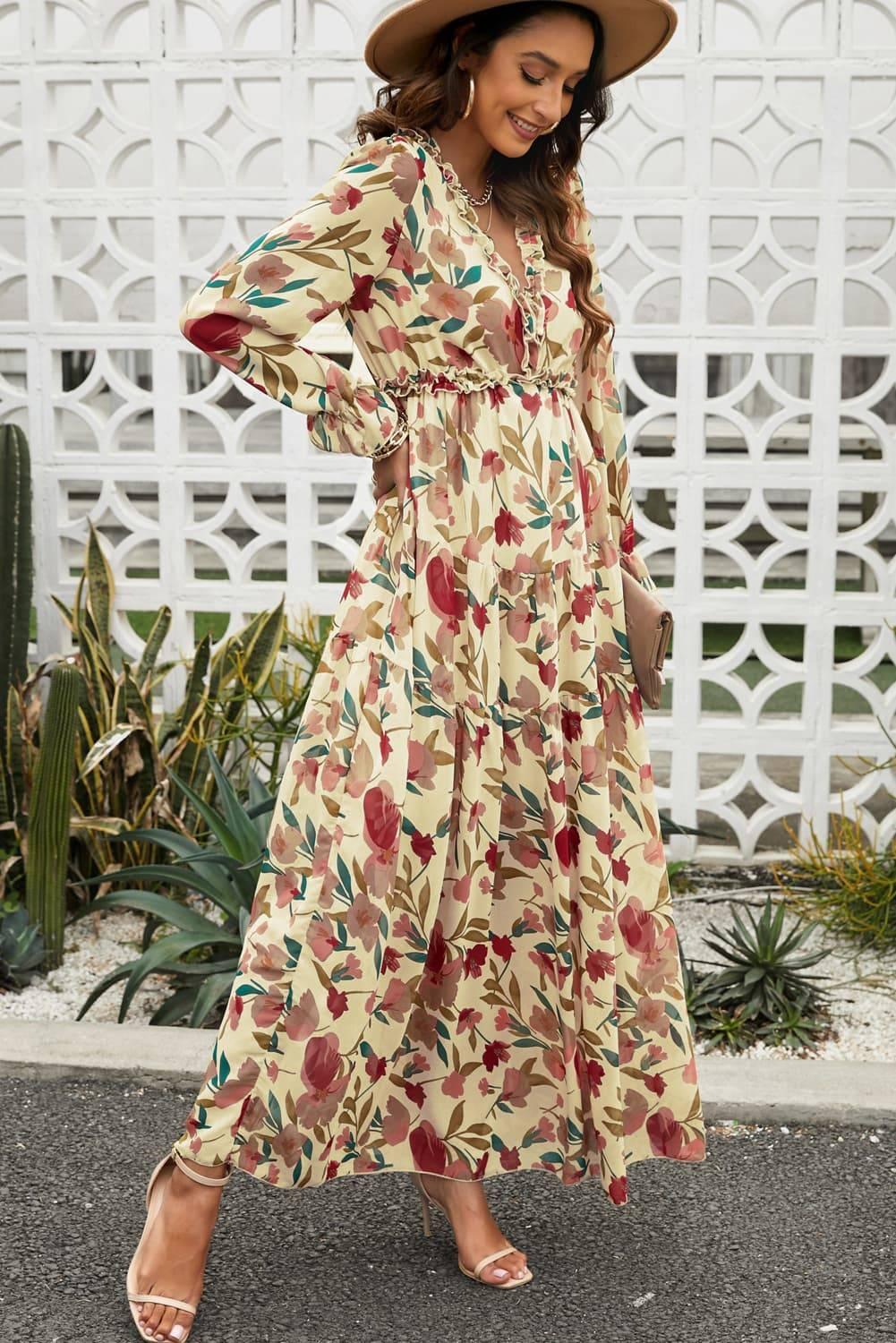 Floral Frill Trim Flounce Sleeve Plunge Maxi Dress - Clothes For Her Online Store