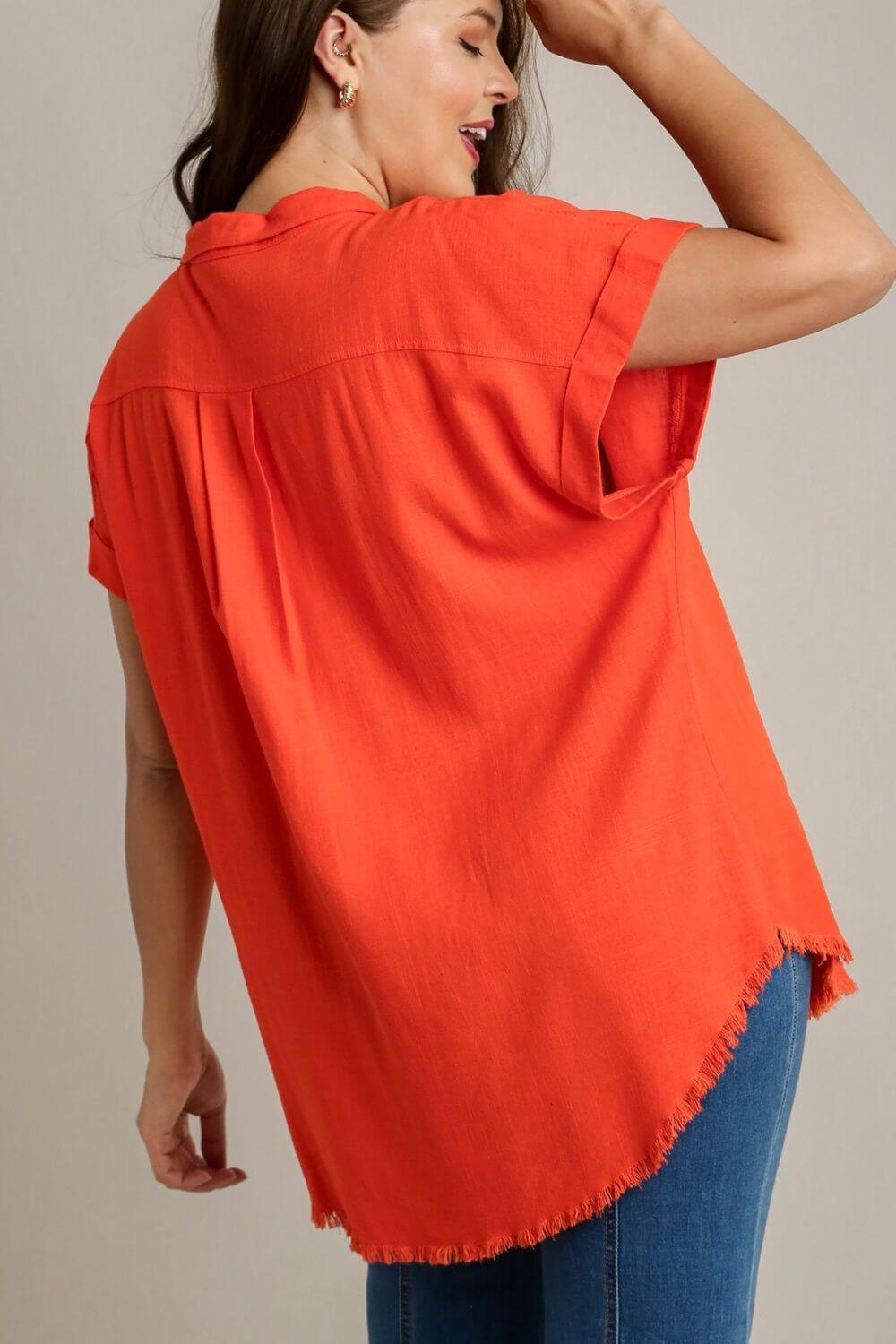 Umgee Full Size Linen Blend Button Down Short Folded Sleeve Shirt Plus Size - Clothes For Her Online Store