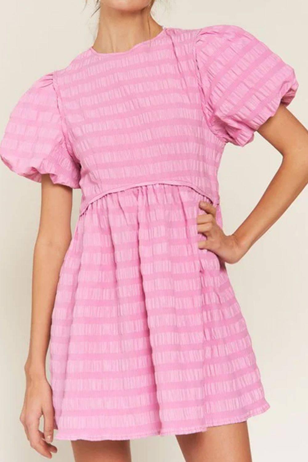 Textured Round Neck Puff Sleeve Mini Dress - Clothes For Her Online Store