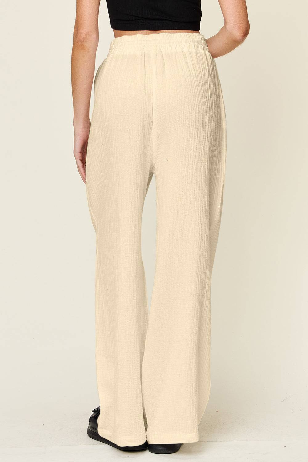 Double Take Full Size Texture Drawstring Wide Leg Pants - Clothes For Her Online Store