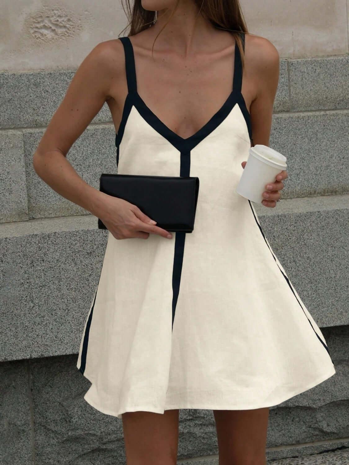 Contrast Trim V-Neck Mini Cami Dress - Clothes For Her Online Store